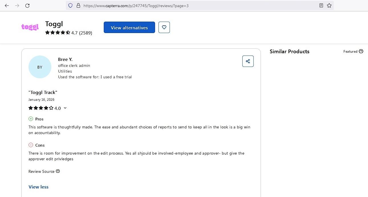 a screenshot of toggl track review from Capterra