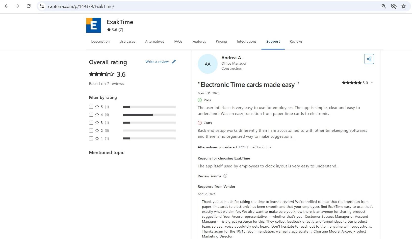 a screenshot of capterra review of acoro time