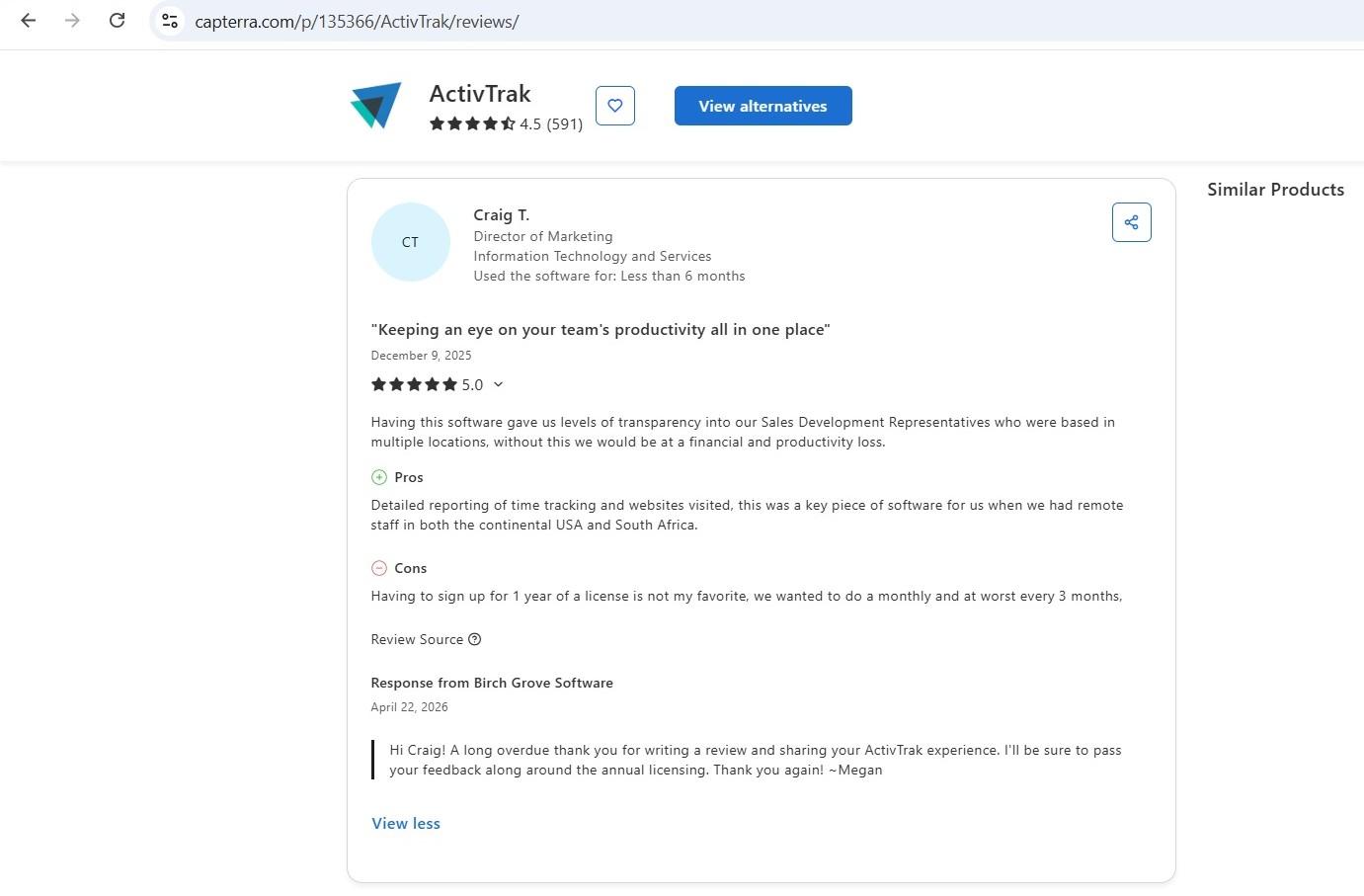 a screenshot of craig t.'s capterra review of activtrak