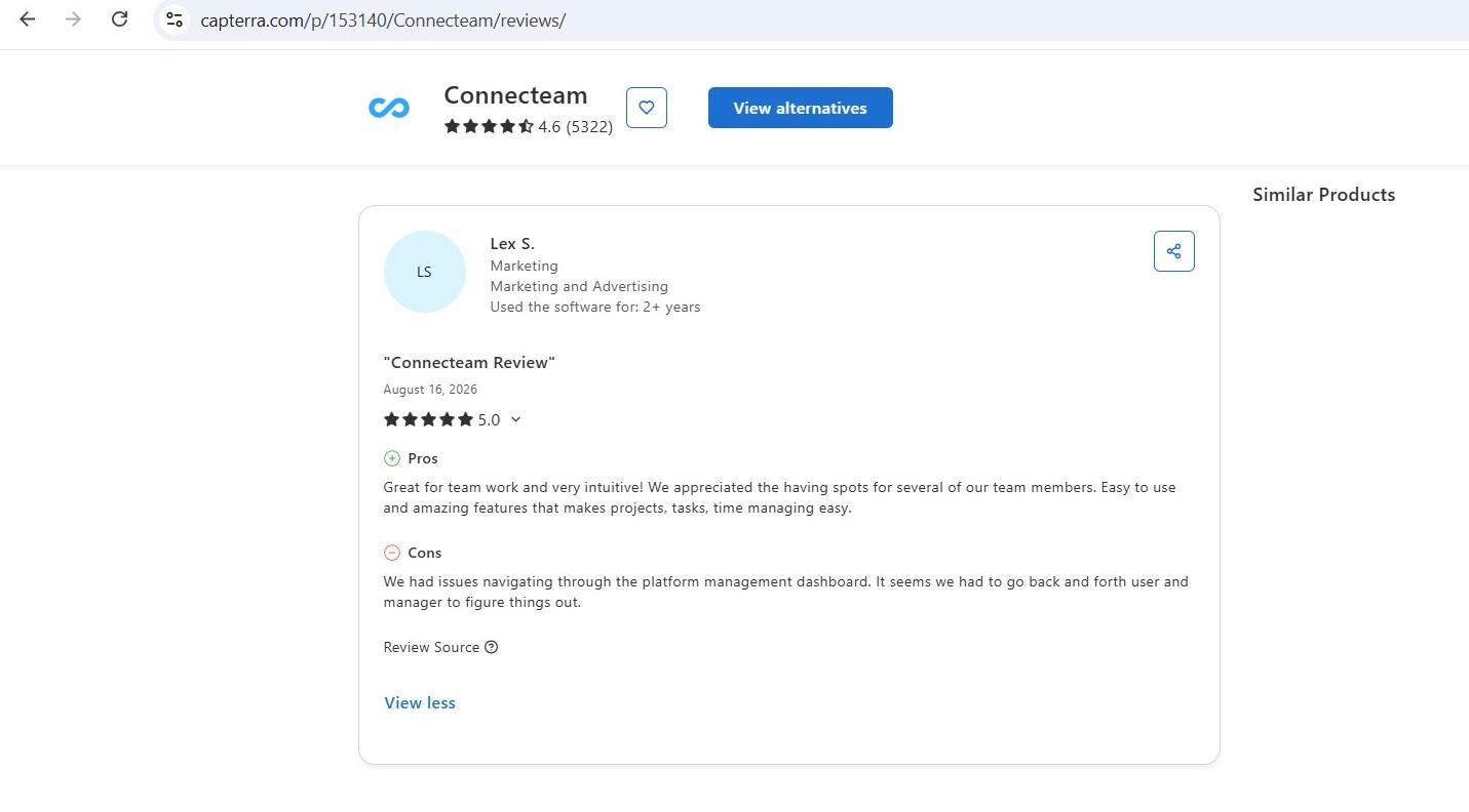 a screenshot of lex s.'s capterra review of connecteam