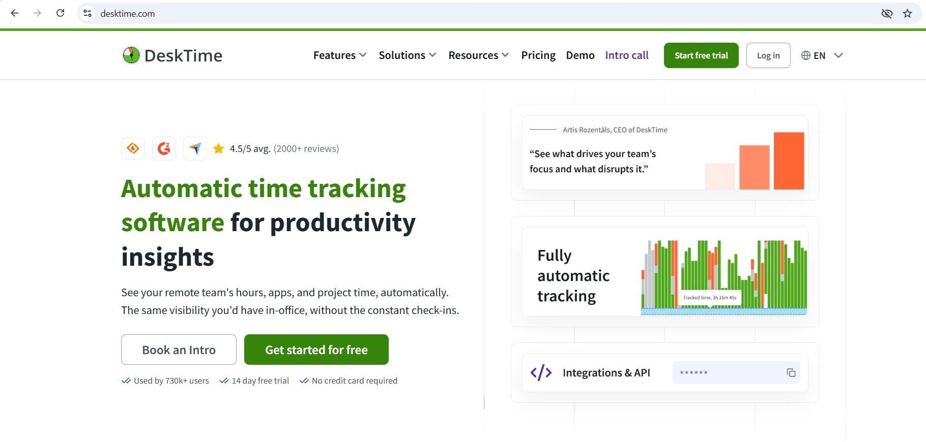 a screenshot of hero section of desktime homepage