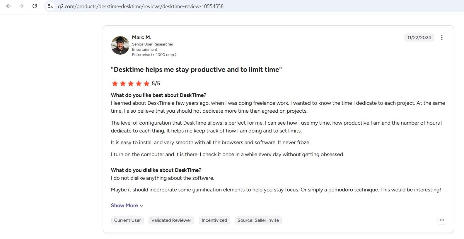 a screenshot of marc m.'s g2 review of desktime