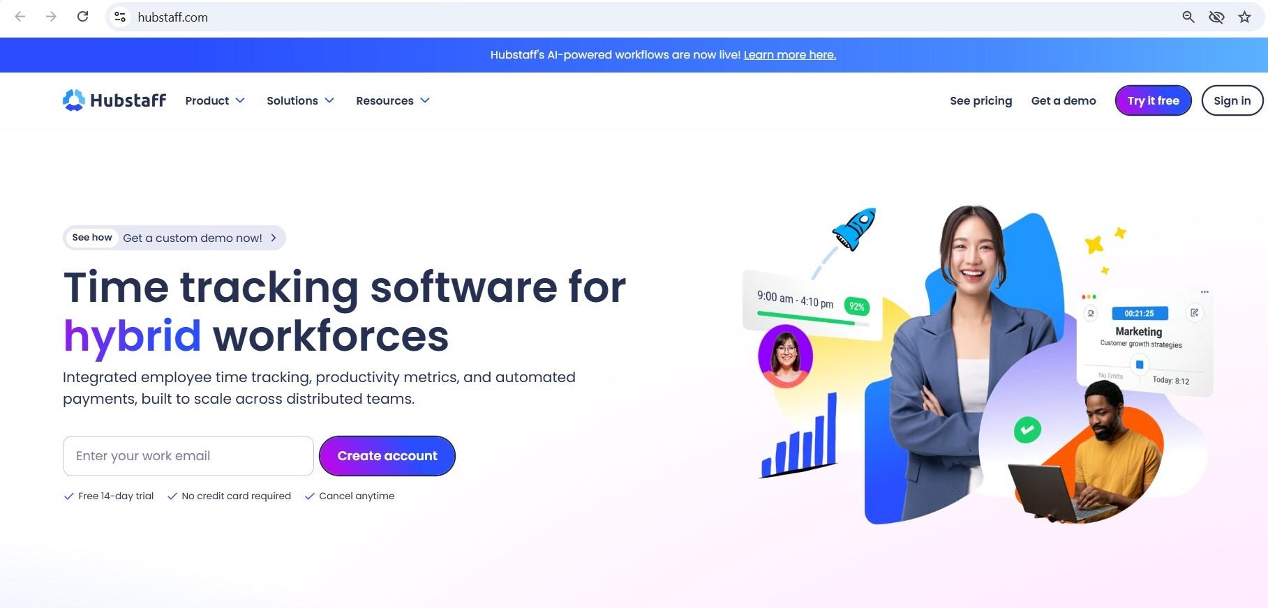 a screenshot of hero section of hubstaff homepage