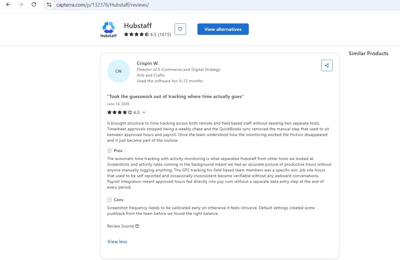 a screenshot of crispin w.'s capterra review of hubstaff