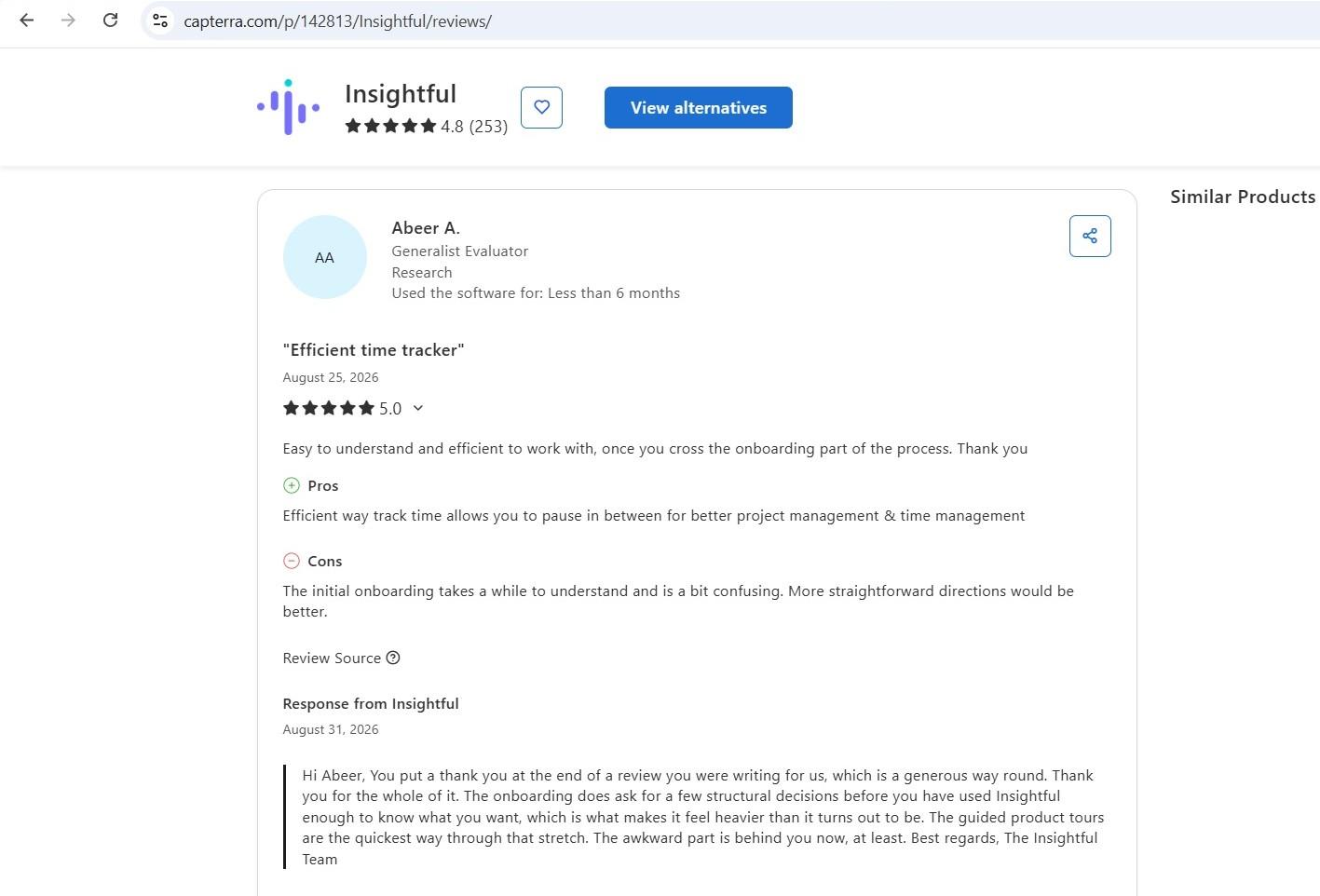 a screenshot of abeer a.'s capterra review of insightful