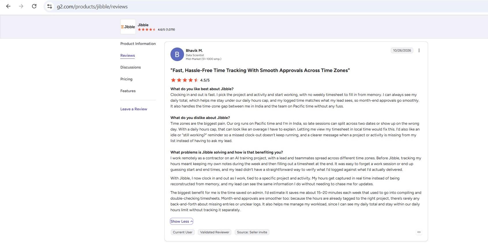 a screenshot of bhavik m.'s g2 review of jibble