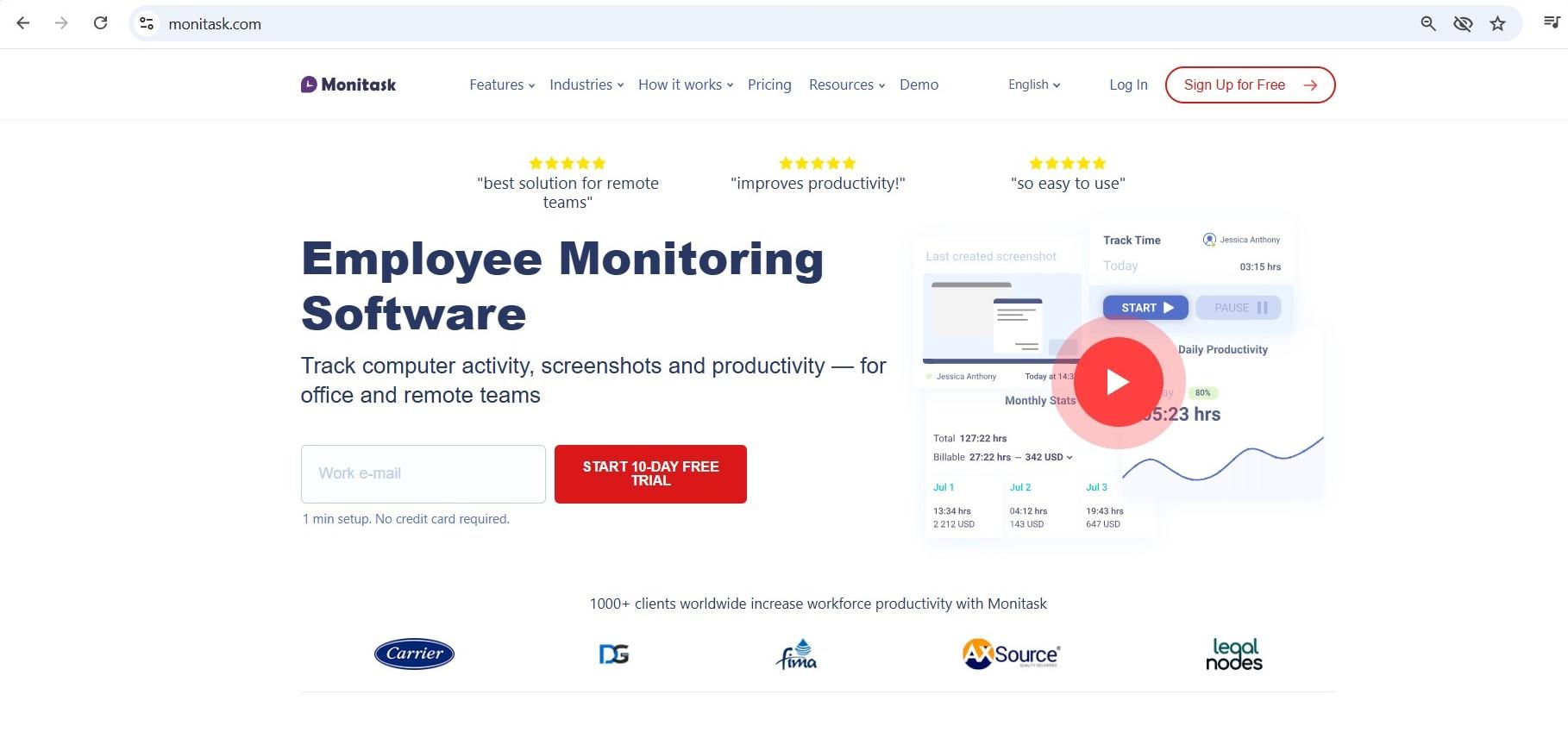 a screenshot of hero section of monitask homepage