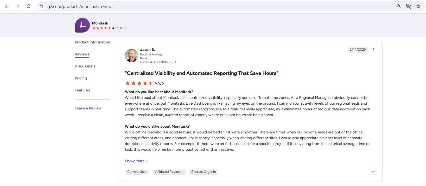 a screenshot of jason b.'s g2 review of monitask