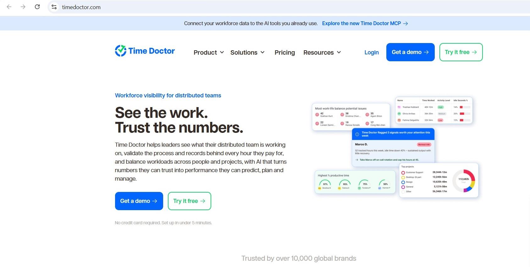 a screenshot of hero section of time doctor homepage