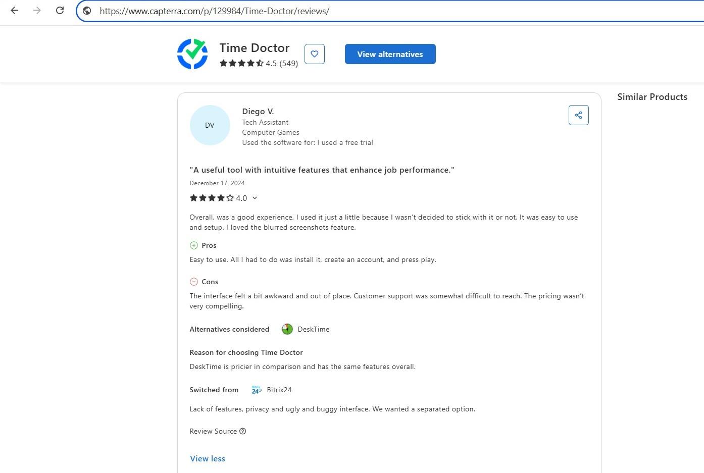 a screenshot of diego v.'s capterra review of time doctor