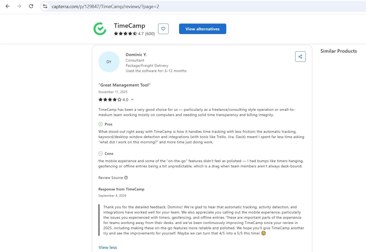 a screenshot of dominic y.'s capterra review of timecamp
