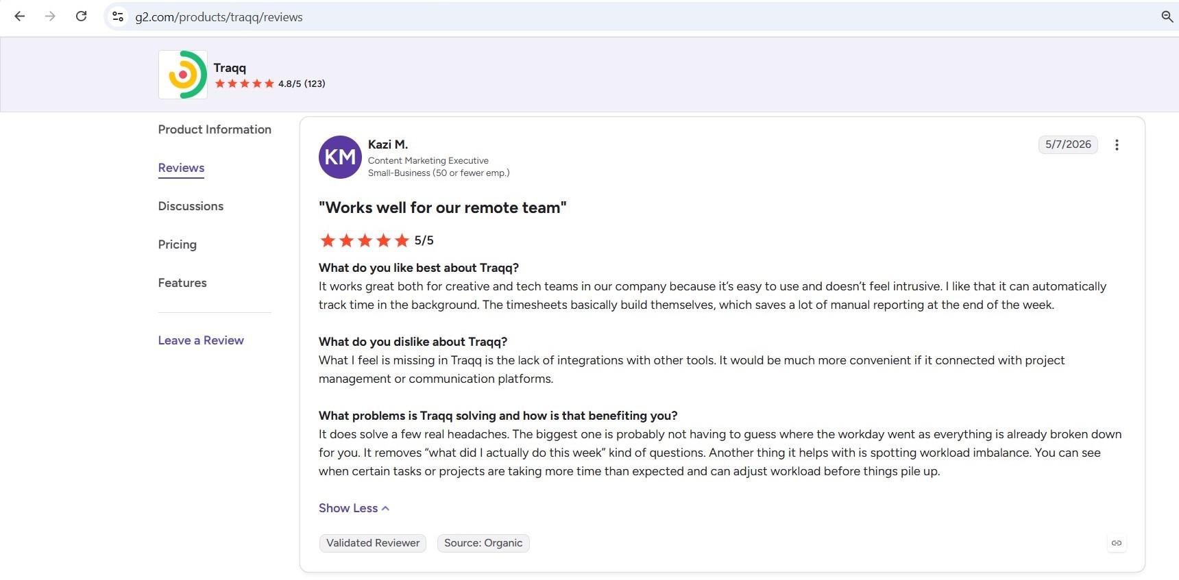 a screenshot of kazi m.'s g2 review of traqq