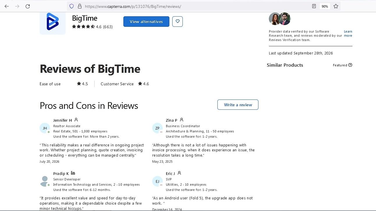 a screenshot of overview of bigtime reviews from capterra
