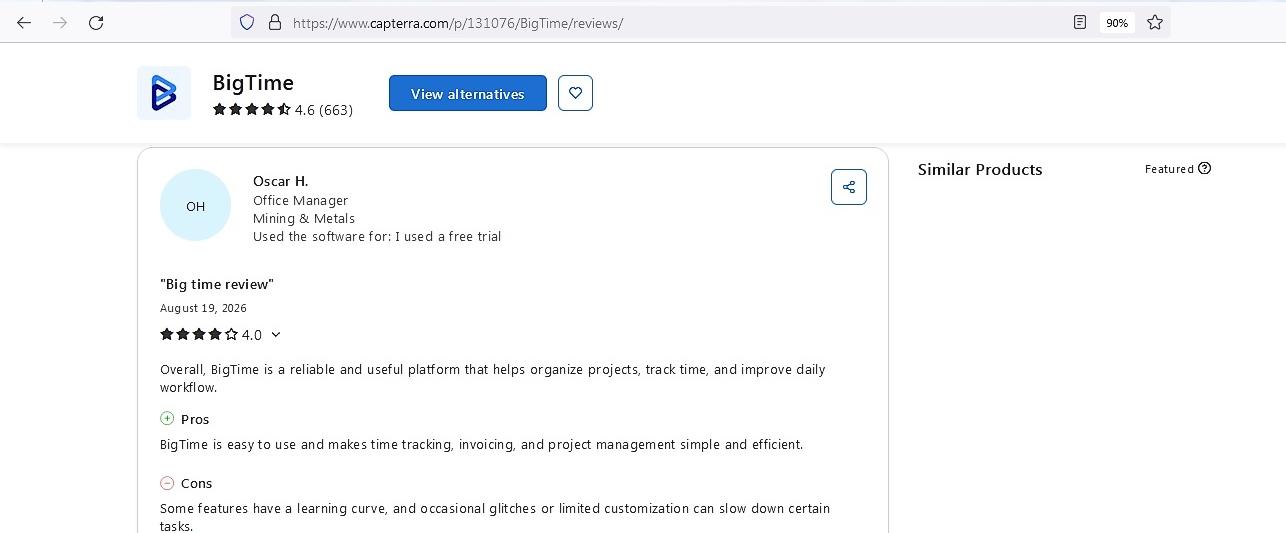 a screenshot of review of bigtime left by oscar h. on capterra 