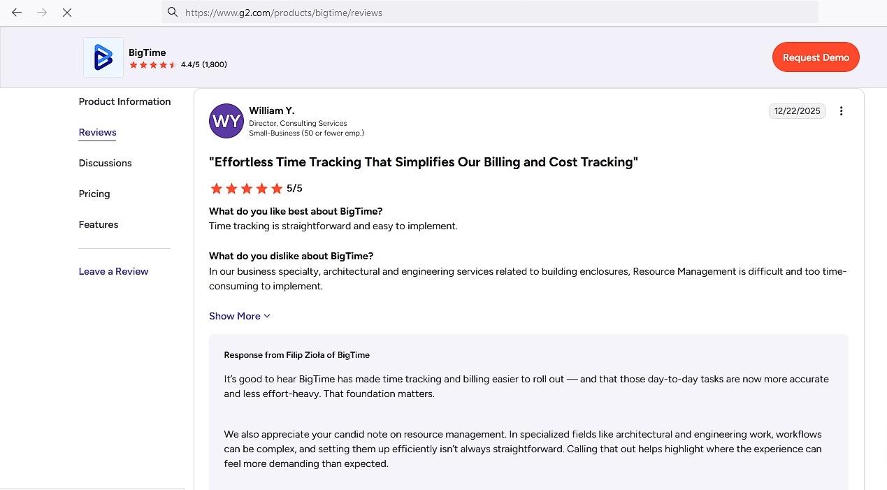 a screenshot of review of bigtime by william y. left on g2