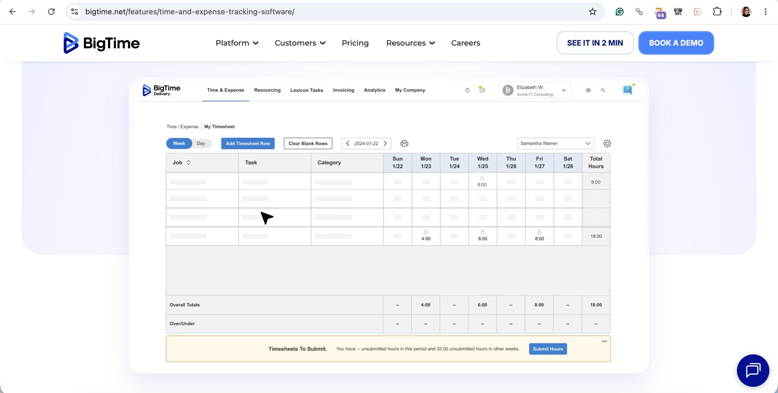 a screenshot of bigtime's time tracking landing page featuring timesheet iew