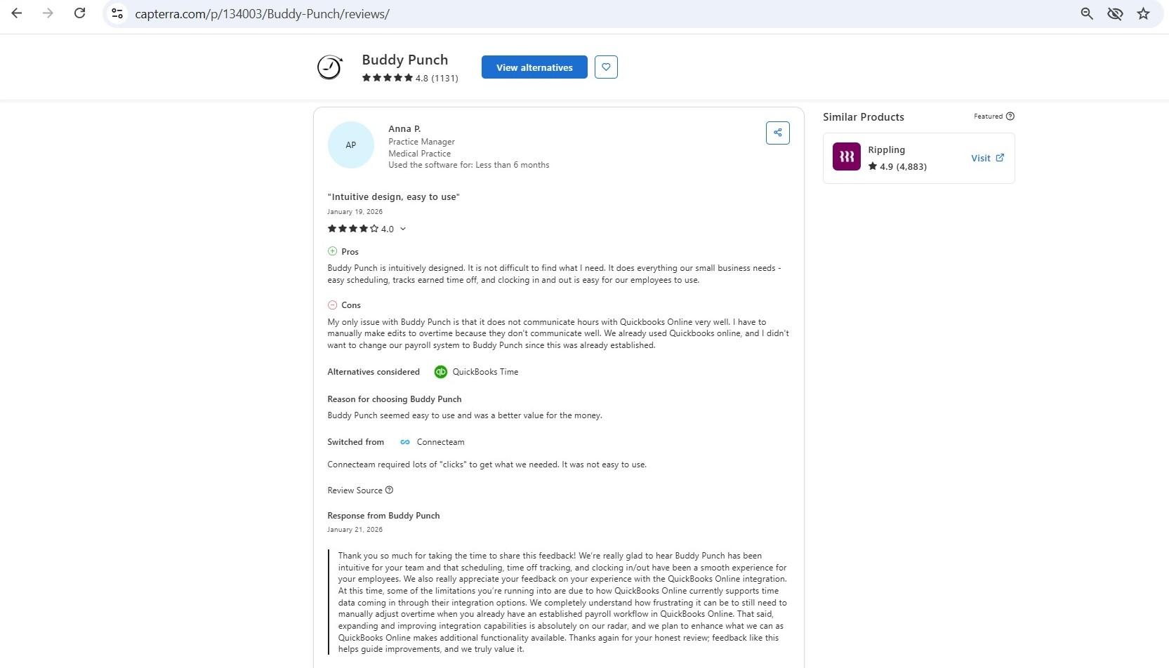 a screenshor of anna's review of buddy punch posted on capterra