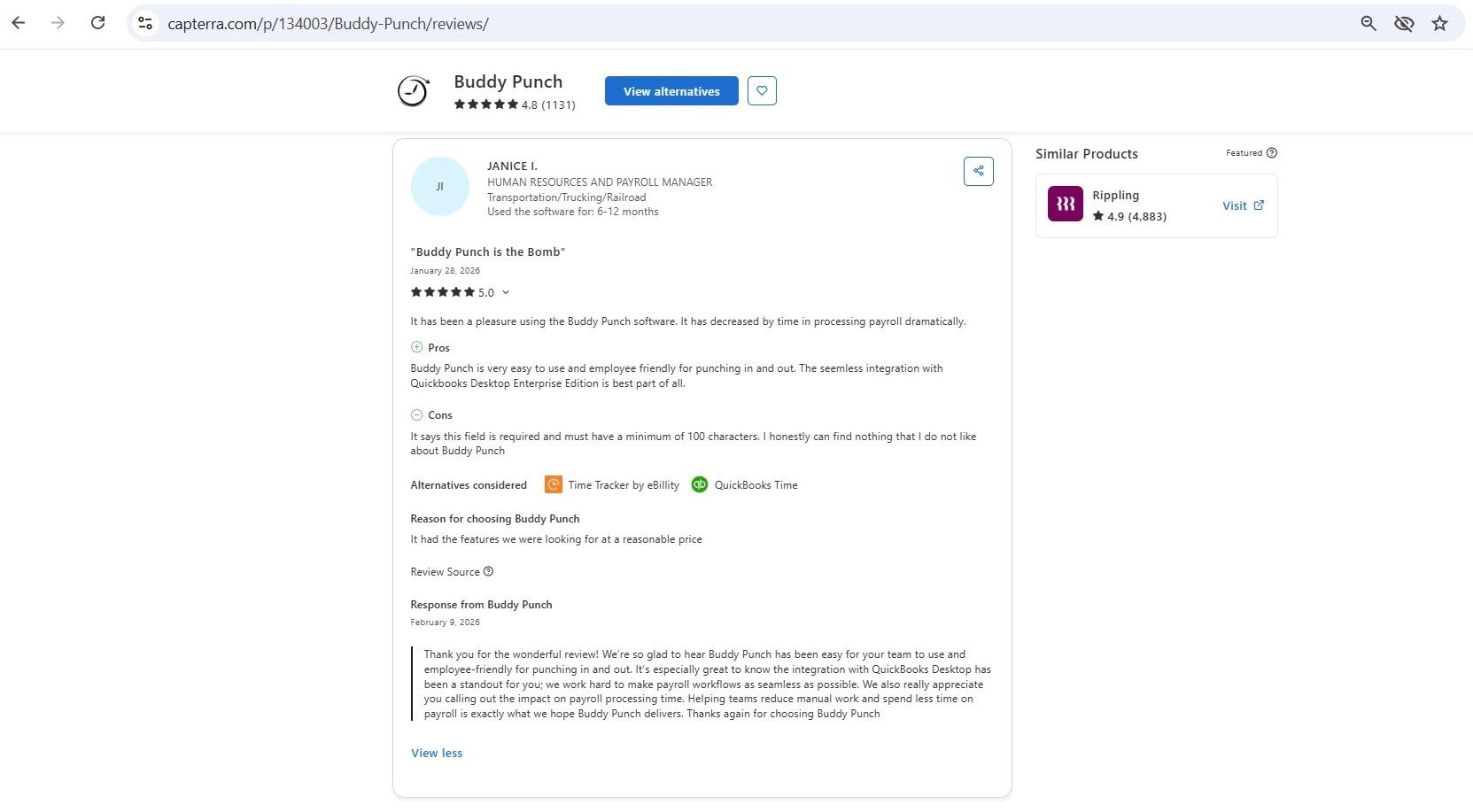 a screenshot of janice's review of buddy punch posted on capterra