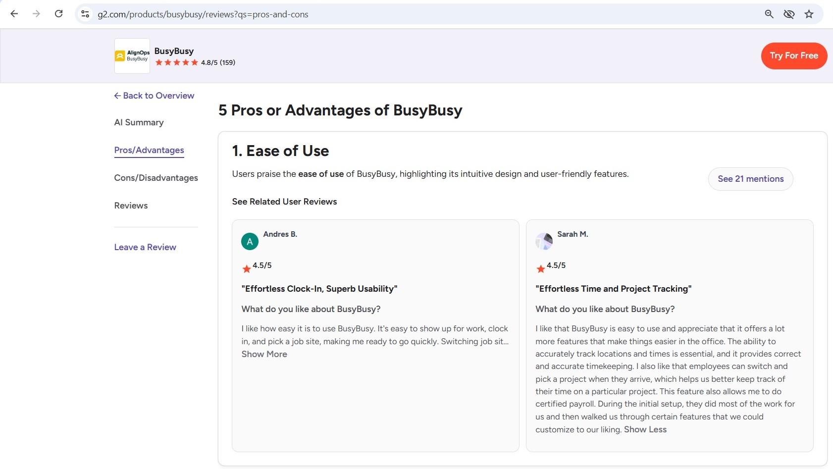 a screenshot of busybusy g2 review