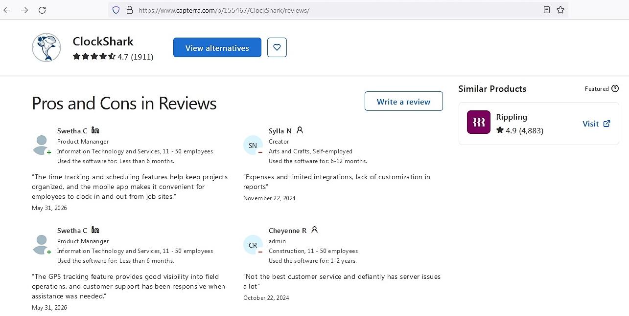 a screenshot of a review of clockshark posted on capterra