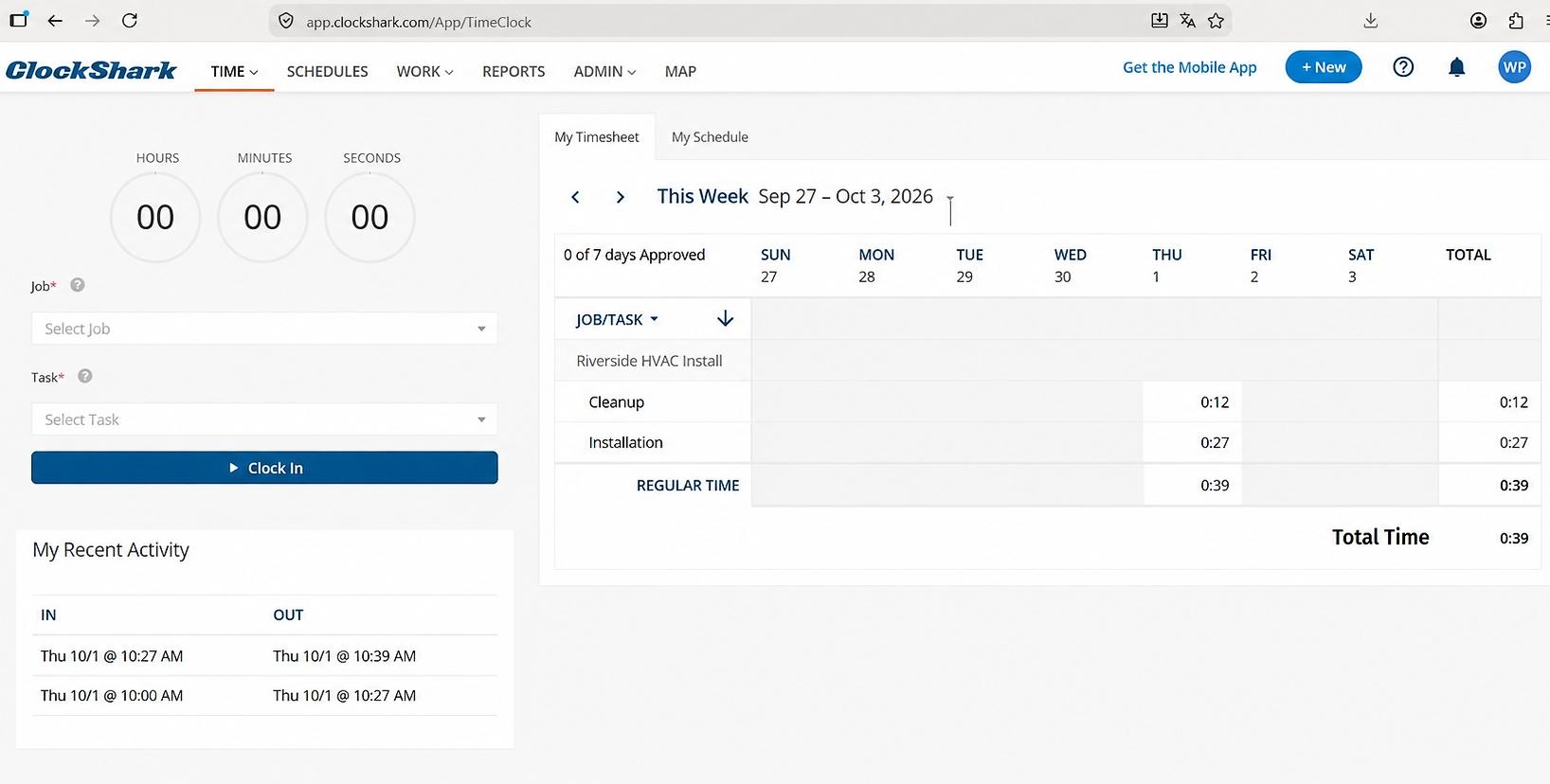 a screenshot of dashboard view in ClockShark
