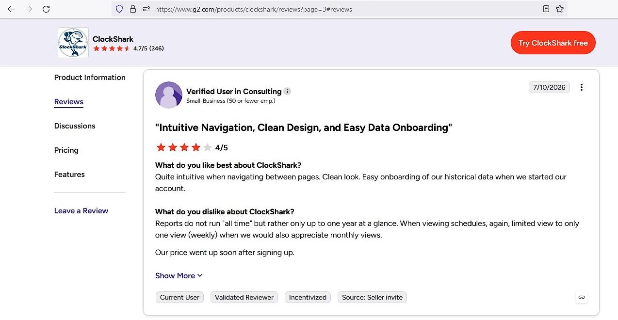 a screenshot of g2 review of clockshark