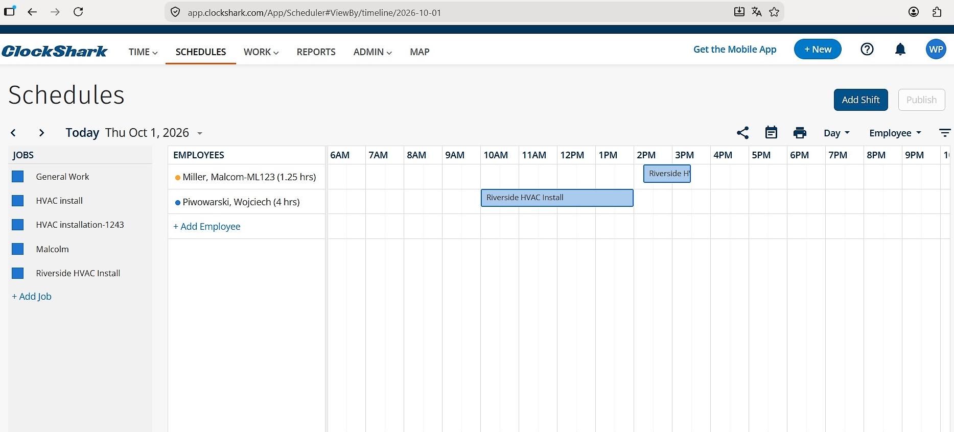 a screenshot of scheduling view in clockshark