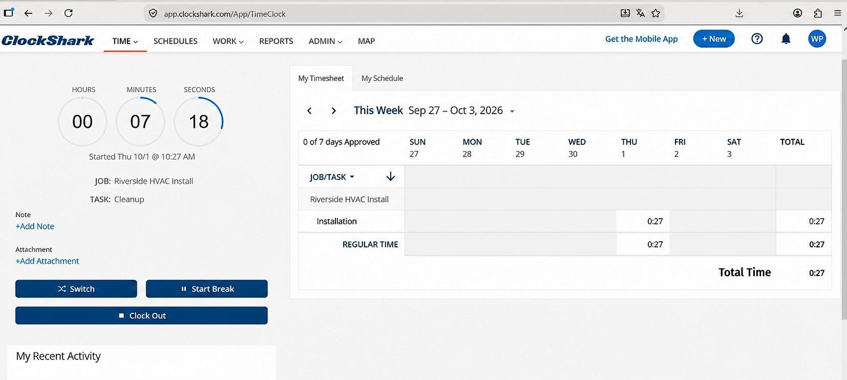 a screenshot of timesheet view in ClockShark