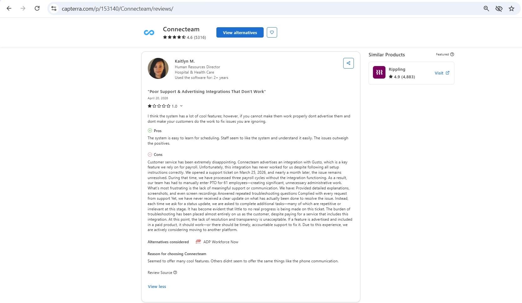 a capterra review of when i work, screenshot
