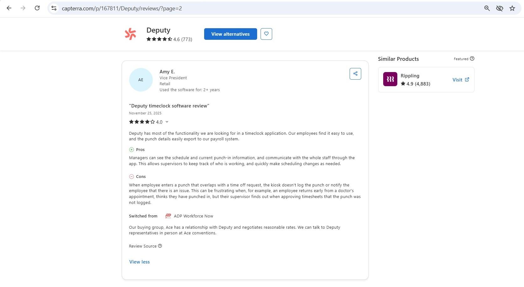 a screenshot of four-star review of deputy posted on capterra