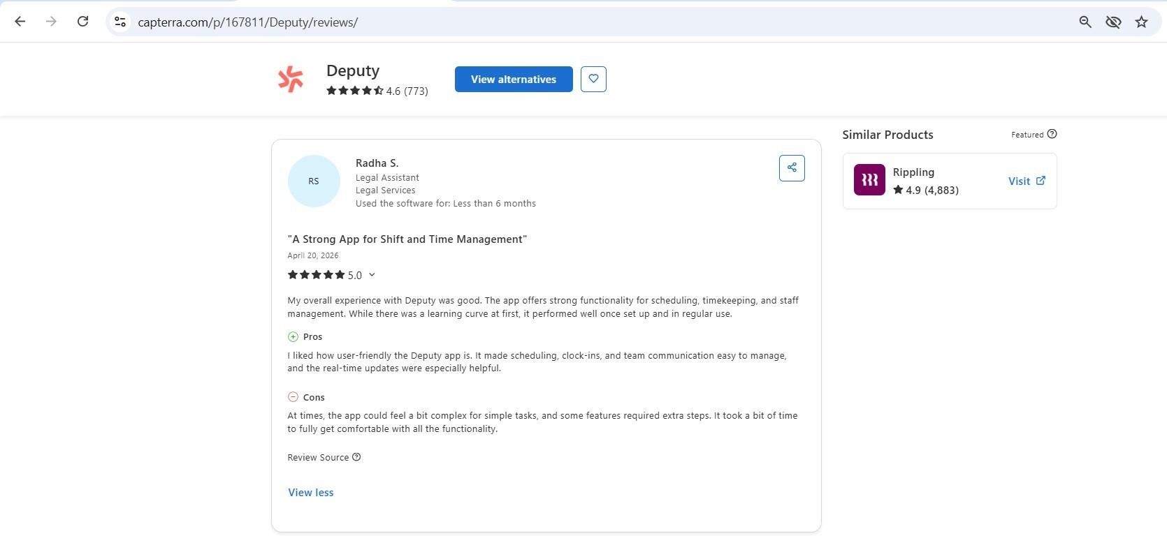 a screenshot of reeiw of deputy posted on capterra