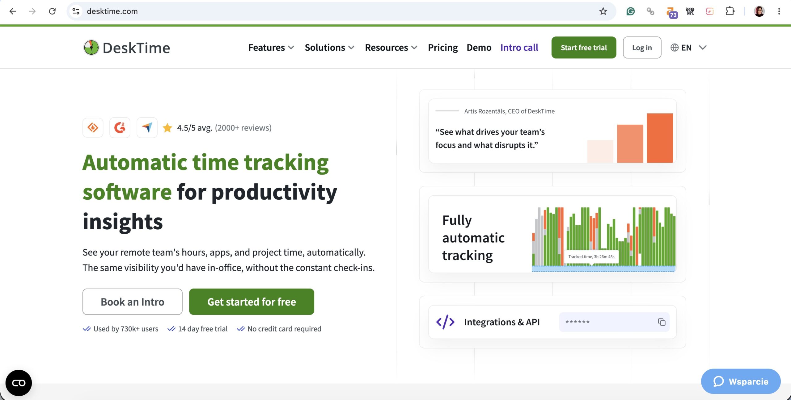 a screenshot of hero section of desktime homepage