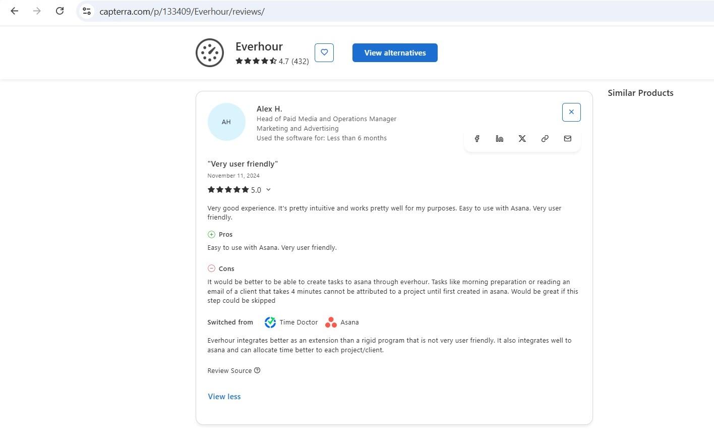 a screenshot of alex h.'s 5-star capterra review of everhour