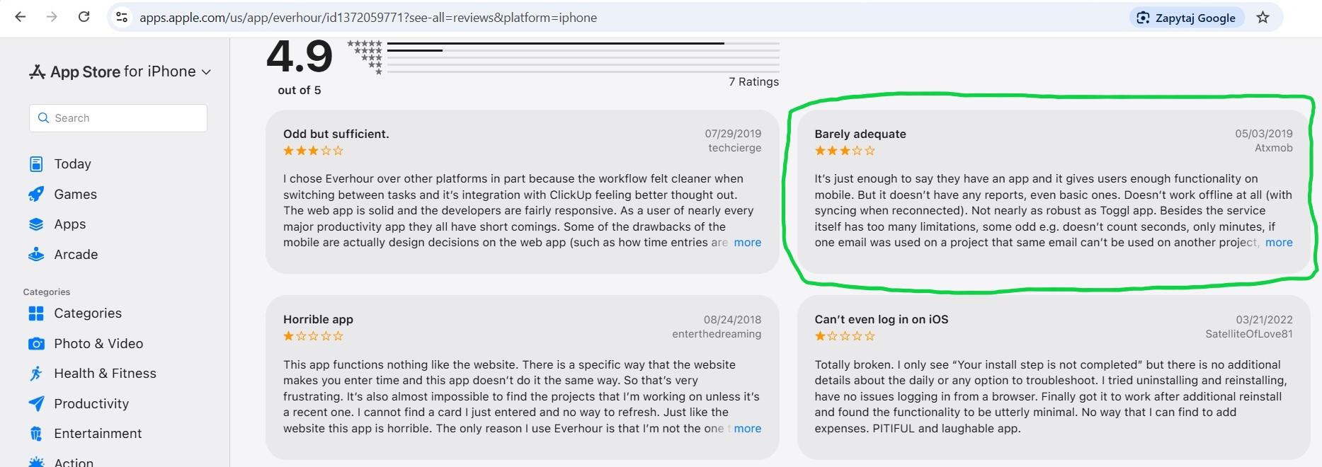 a screenshot of everhour iphone app reviews on the app store