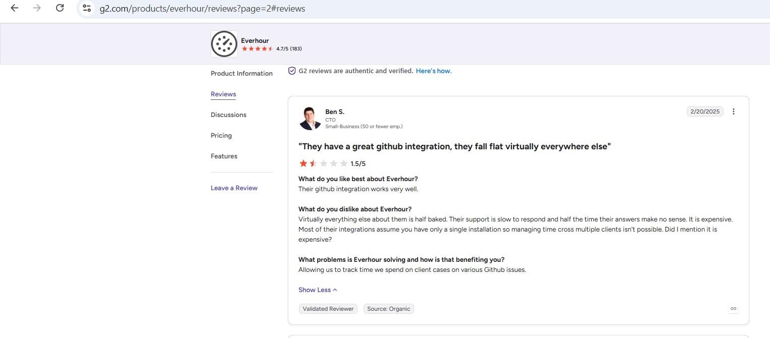 a screenshot of ben s.'s 1.5-star g2 review of everhour
