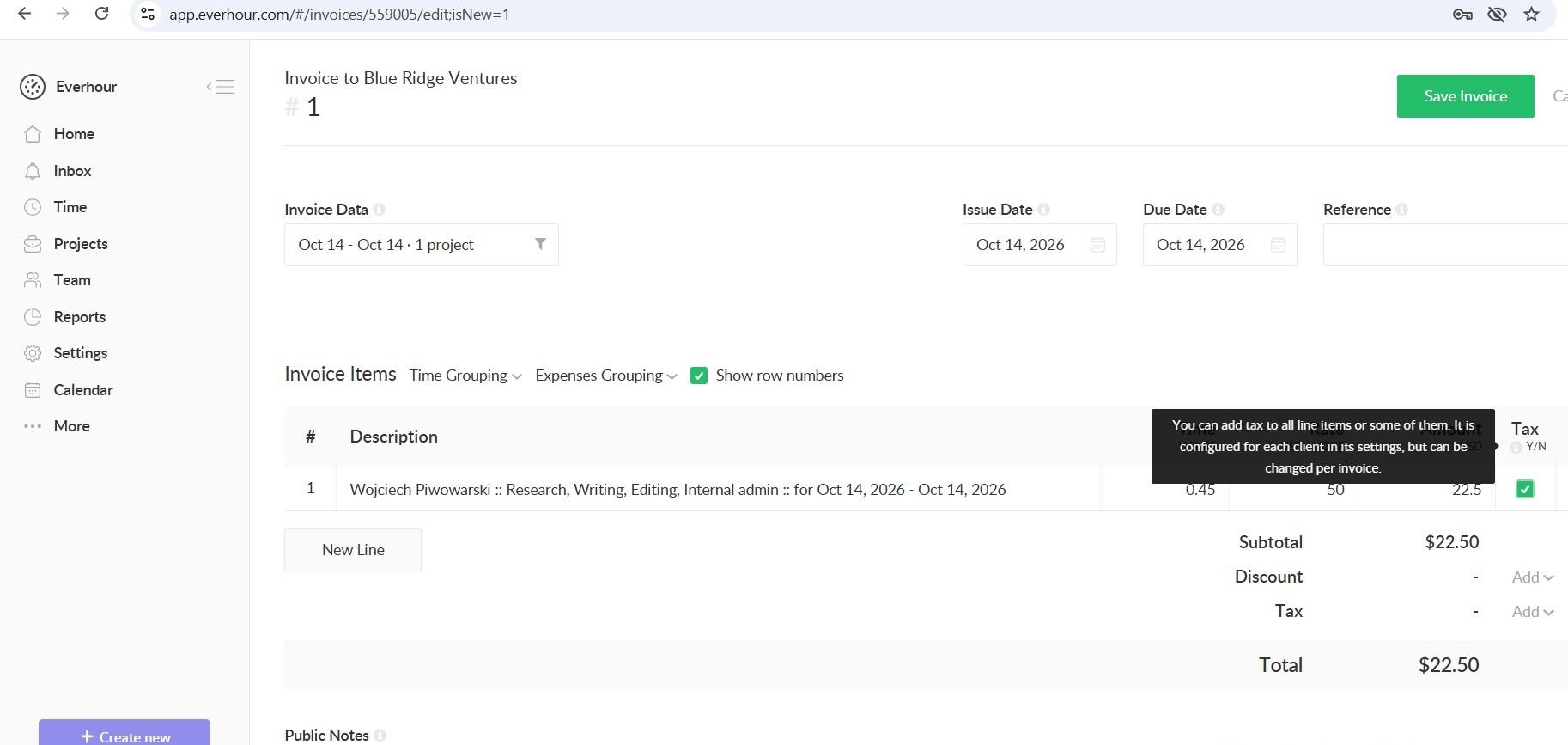 a screenshot of a draft everhour invoice for blue ridge ventures