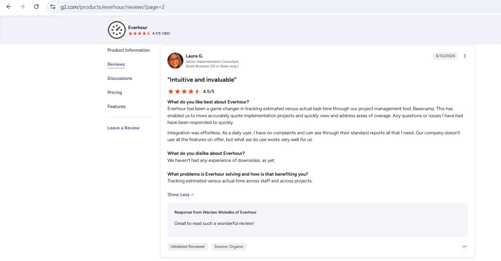 a screenshot of laura g.'s 4.5-star g2 review of everhour
