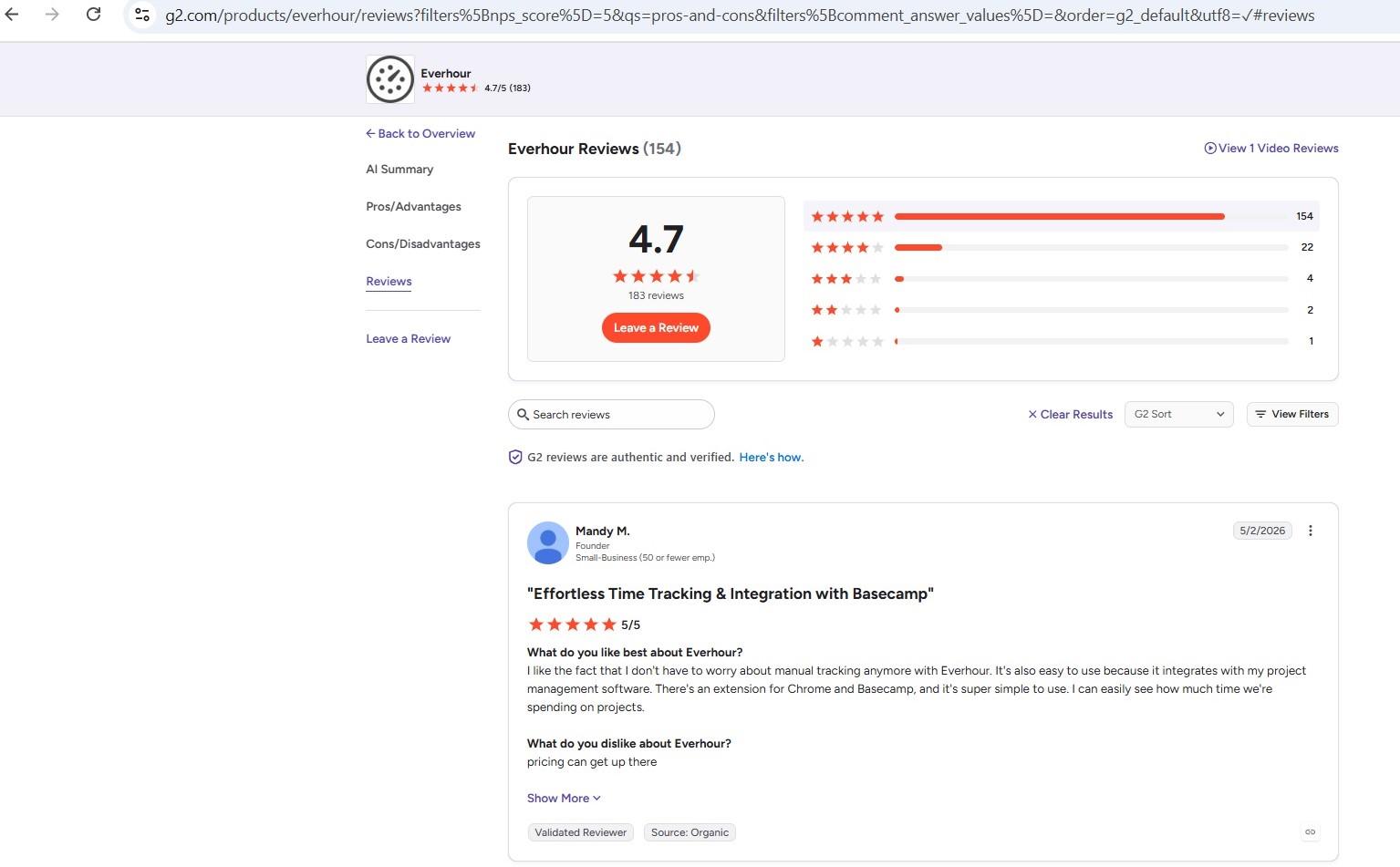 a screenshot of mandy m.'s 5-star g2 review of everhour