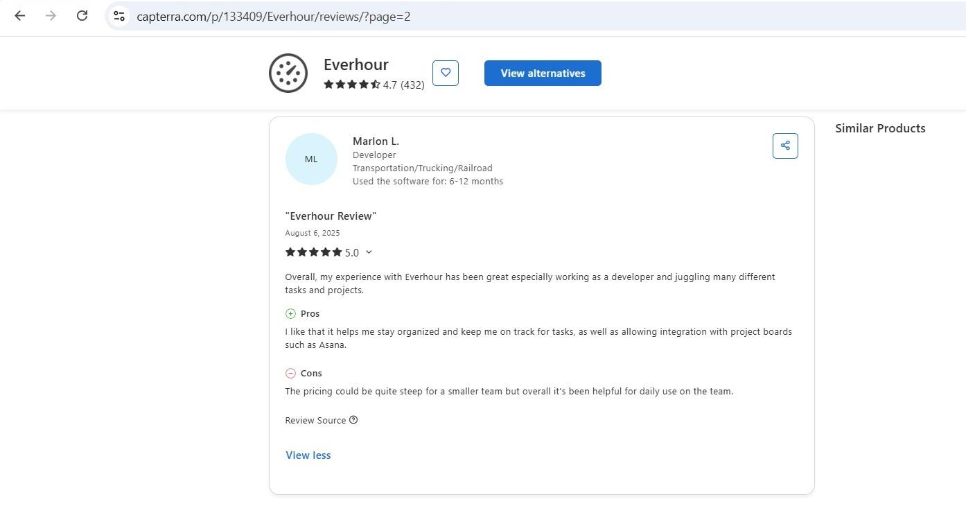 a screenshot of marlon l.'s 5-star capterra review of everhour
