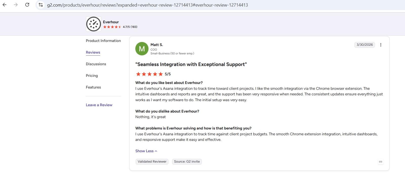 a screenshot of matt s.'s 5-star g2 review of everhour