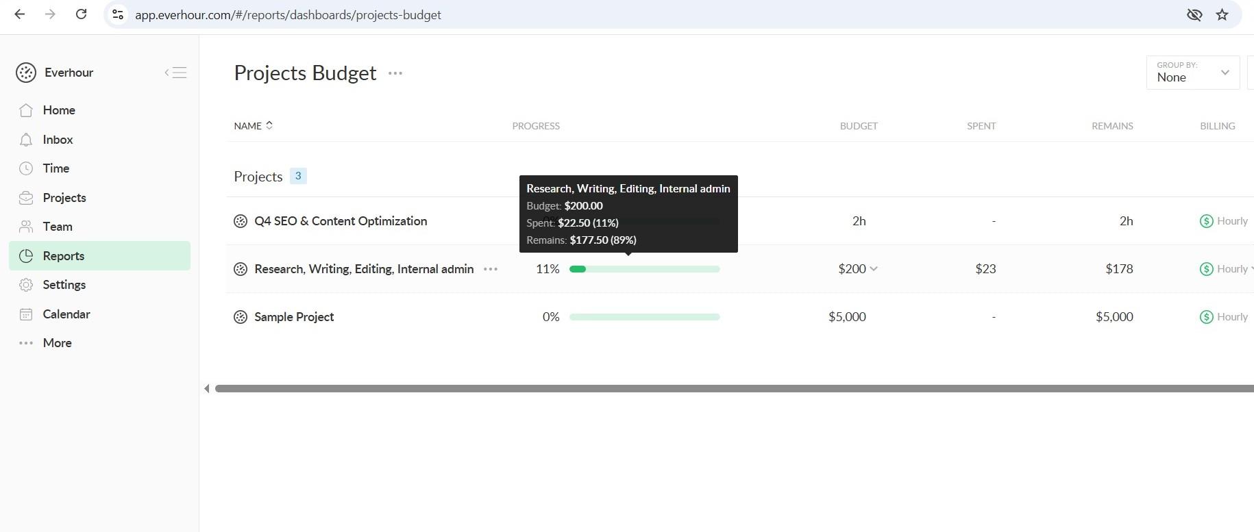 a screenshot of the everhour projects budget dashboard