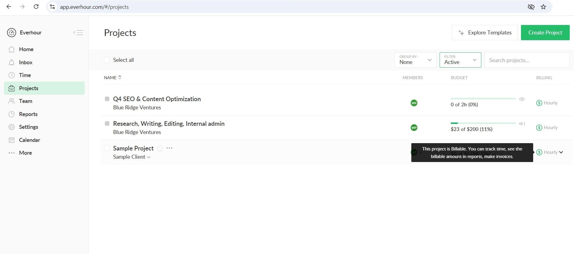 a screenshot of the everhour projects list with hourly billing and budget progress