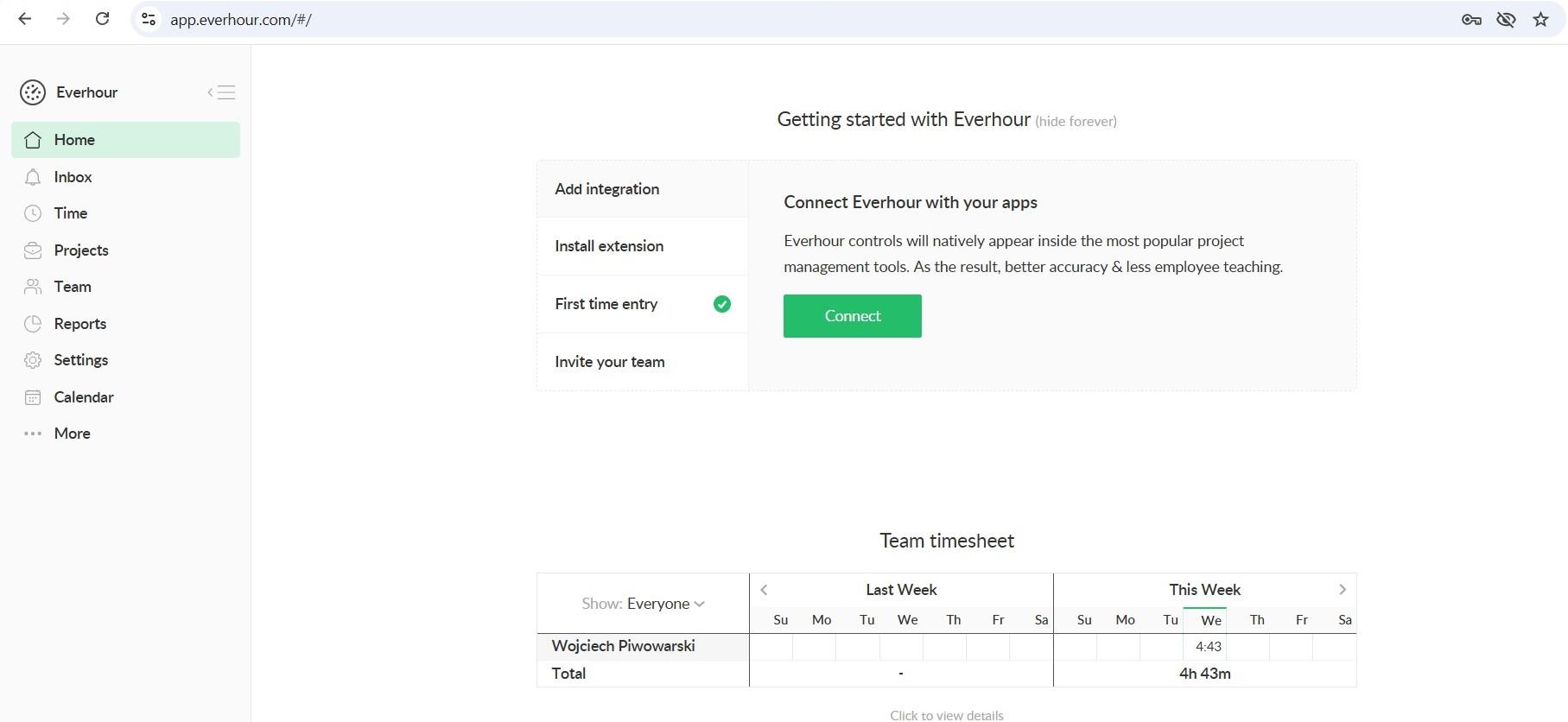 a screenshot of the everhour home page with a weekly team timesheet
