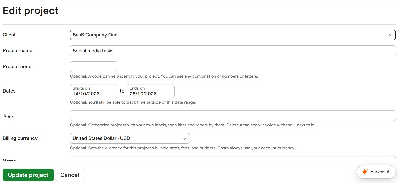 a screenshot of edit project view in harvest
