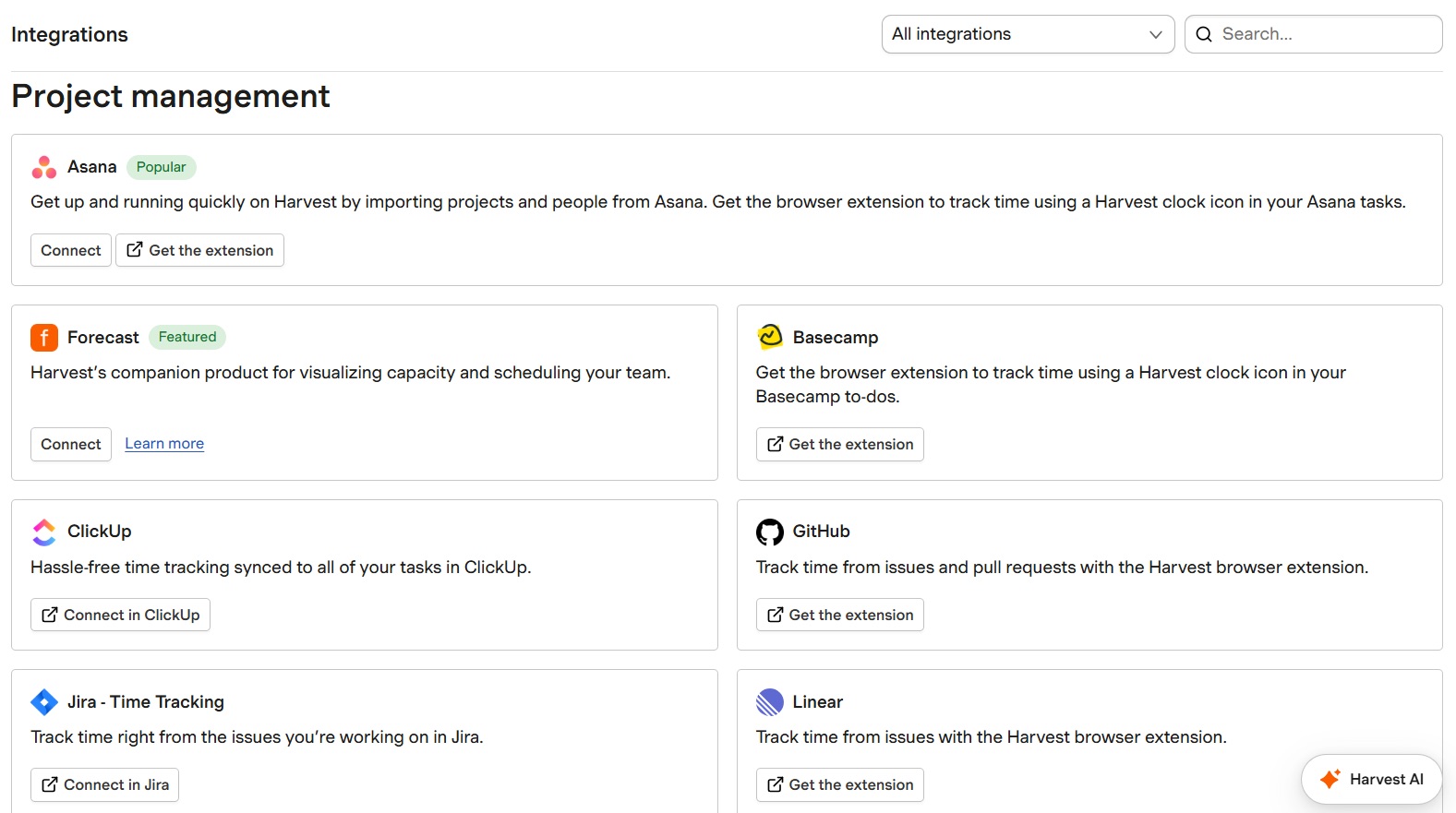 a screenshot of integrations module in harvest