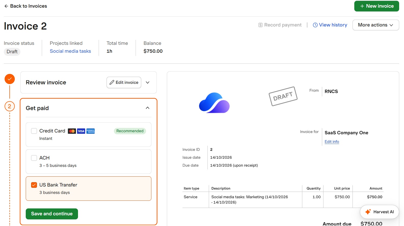 a screenshot of a single invoice created in harvest