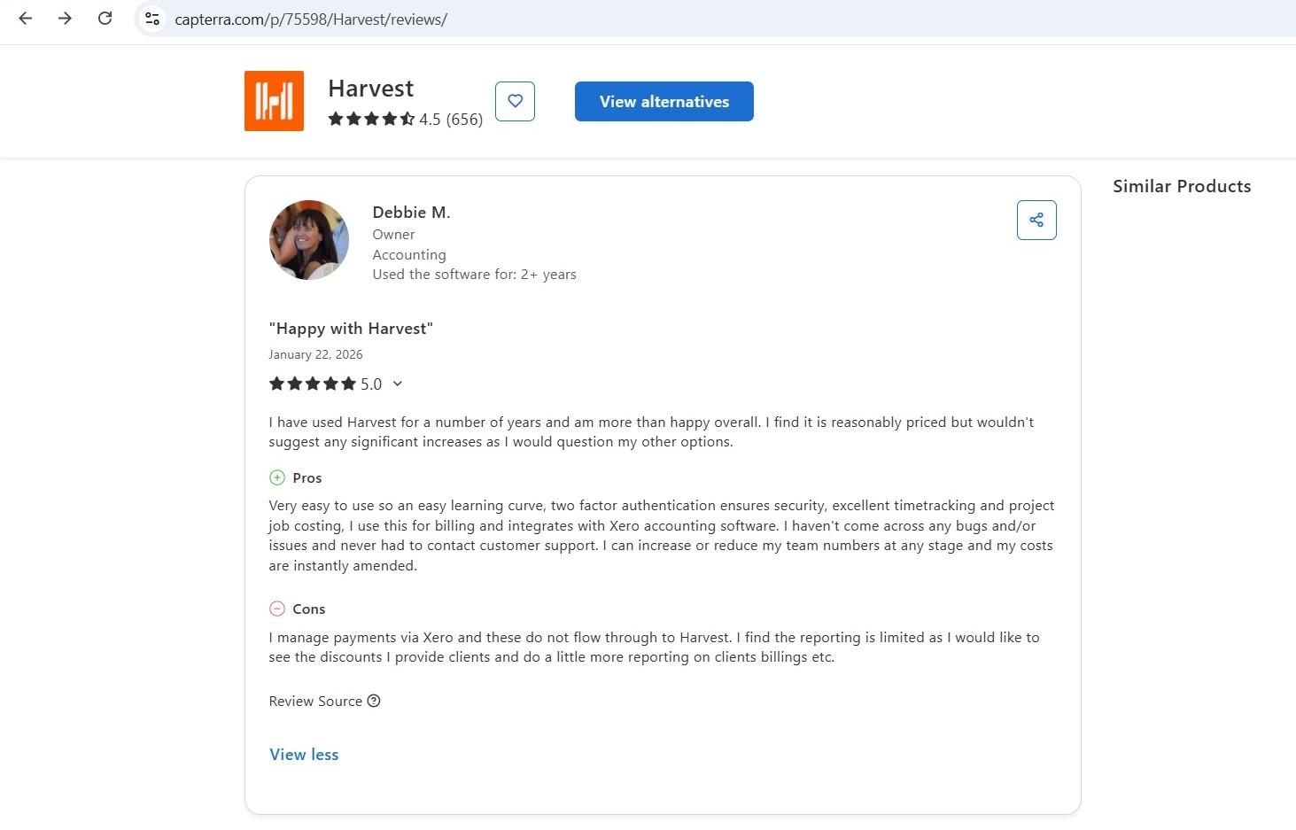 a screenshot of debbie m.'s 5-star capterra review of harvest