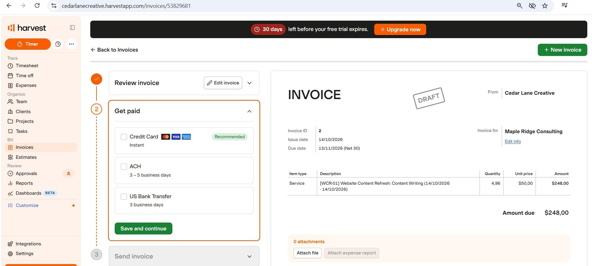 a screenshot of a draft harvest invoice for 4.96 billable hours