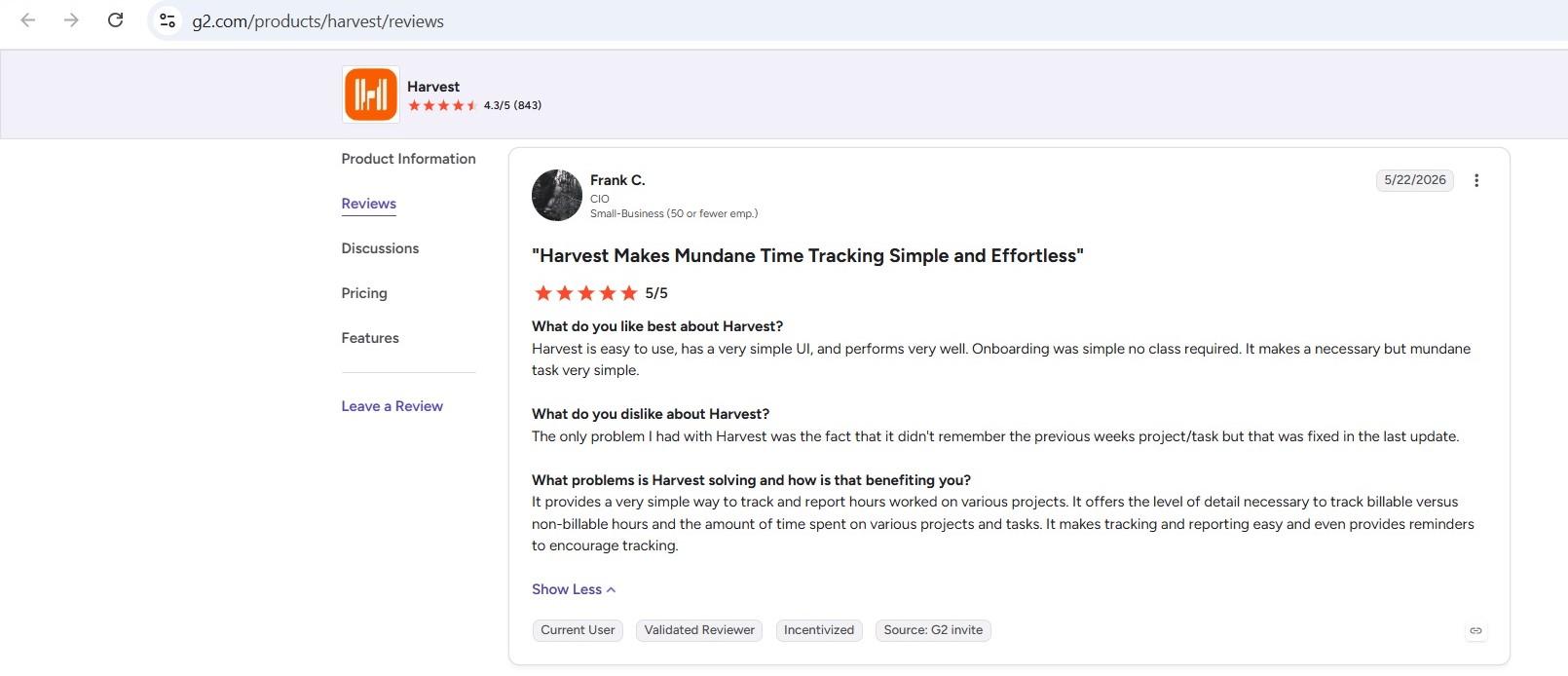a screenshot of frank c.'s 5-star g2 review of harvest