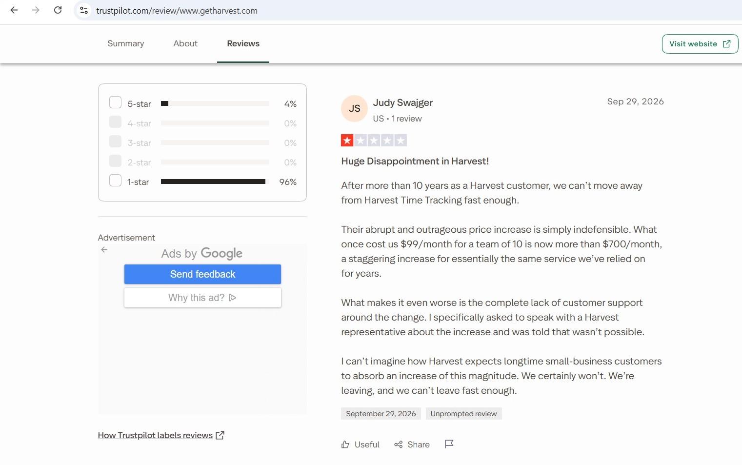 a screenshot of judy swajger's 1-star trustpilot review of harvest
